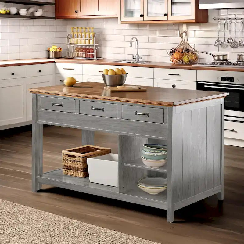 Two-Tone Oak Top Antique Finish Extendable Kitchen Island Three Drawers