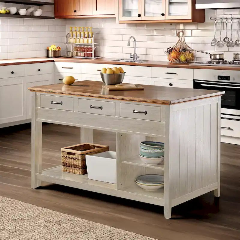 Two-Tone Oak Top Antique Finish Extendable Kitchen Island Three Drawers
