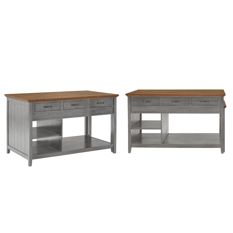 Two-Tone Oak Top Antique Finish Extendable Kitchen Island Three Drawers