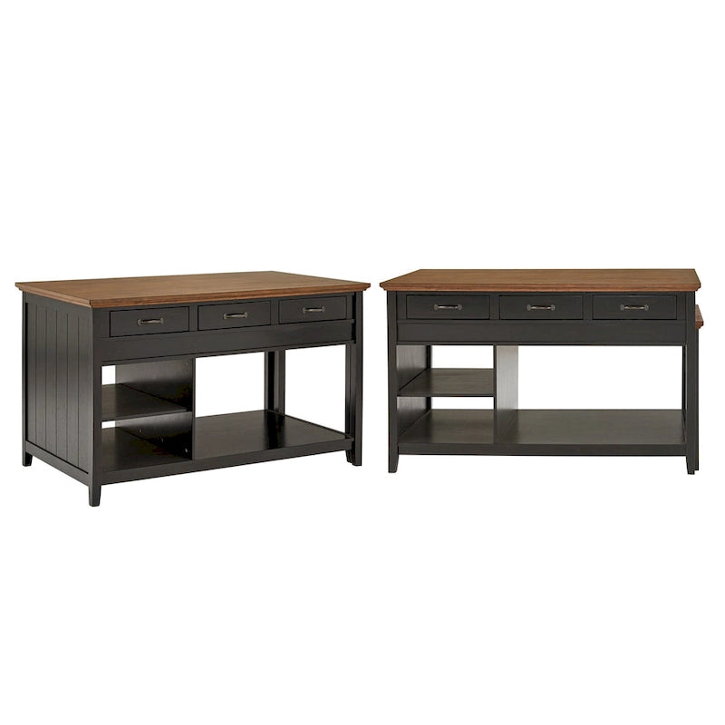 Two-Tone Oak Top Antique Finish Extendable Kitchen Island Three Drawers