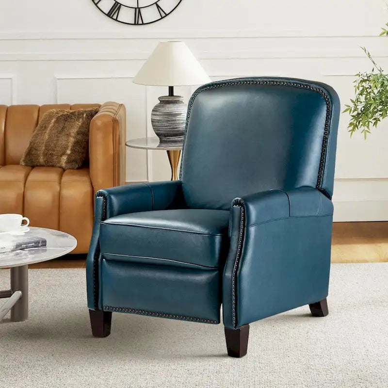 Retro Genuine Leather Manual Pushback Recliner Chair with Nailhead Trim