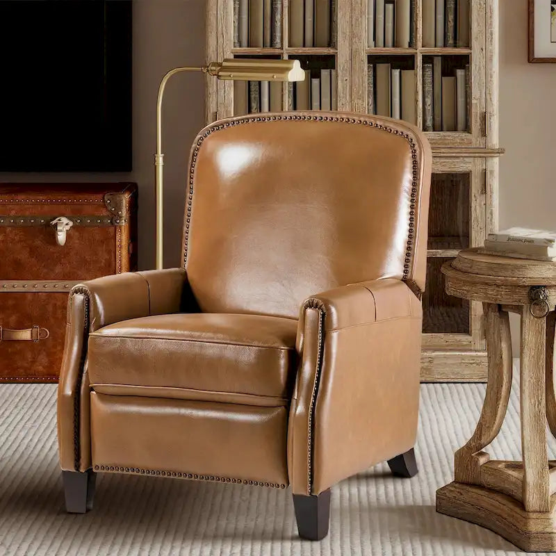 Retro Genuine Leather Manual Pushback Recliner Chair with Nailhead Trim