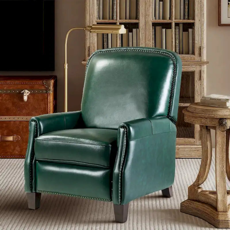 Retro Genuine Leather Manual Pushback Recliner Chair with Nailhead Trim