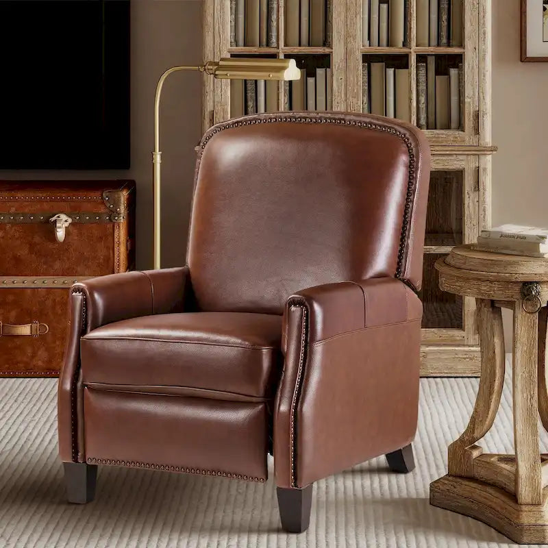 Retro Genuine Leather Manual Pushback Recliner Chair with Nailhead Trim