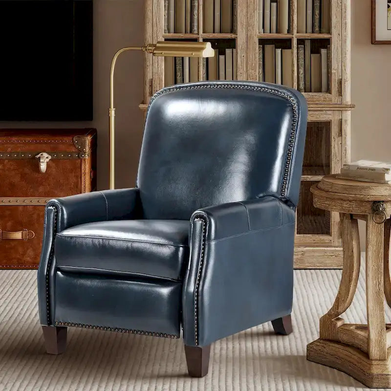 Retro Genuine Leather Manual Pushback Recliner Chair with Nailhead Trim