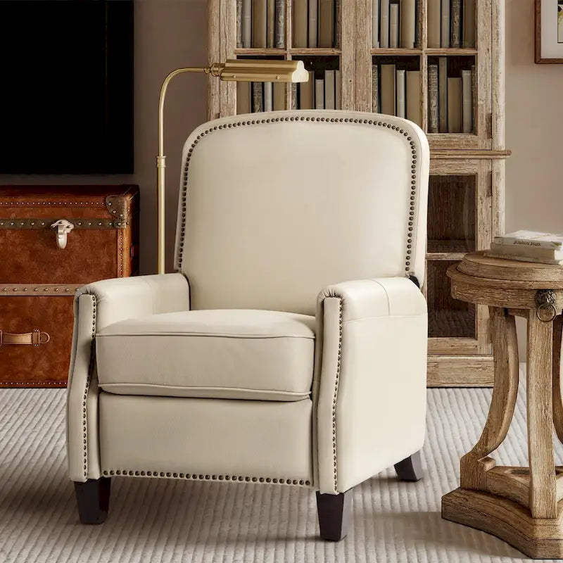 Retro Genuine Leather Manual Pushback Recliner Chair with Nailhead Trim
