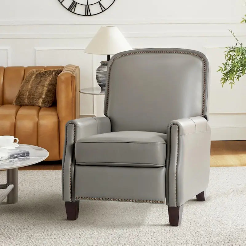 Retro Genuine Leather Manual Pushback Recliner Chair with Nailhead Trim