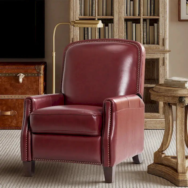 Retro Genuine Leather Manual Pushback Recliner Chair with Nailhead Trim