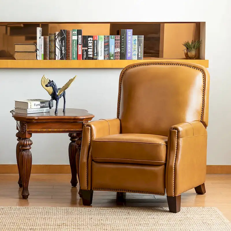 Retro Genuine Leather Manual Pushback Recliner Chair with Nailhead Trim