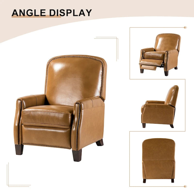 Retro Genuine Leather Manual Pushback Recliner Chair with Nailhead Trim