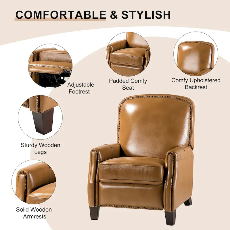 Retro Genuine Leather Manual Pushback Recliner Chair with Nailhead Trim