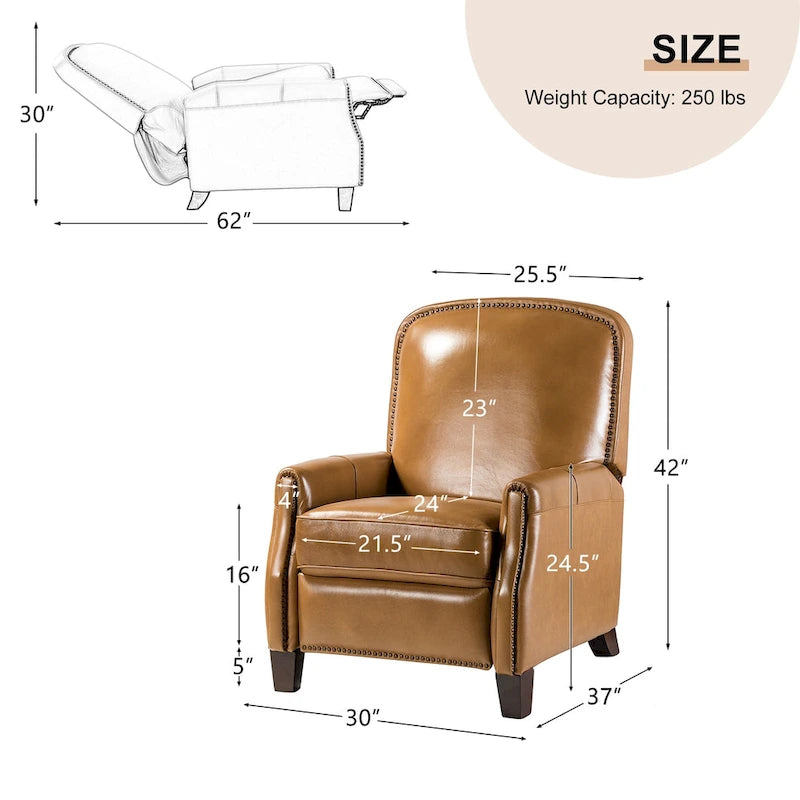 Retro Genuine Leather Manual Pushback Recliner Chair with Nailhead Trim