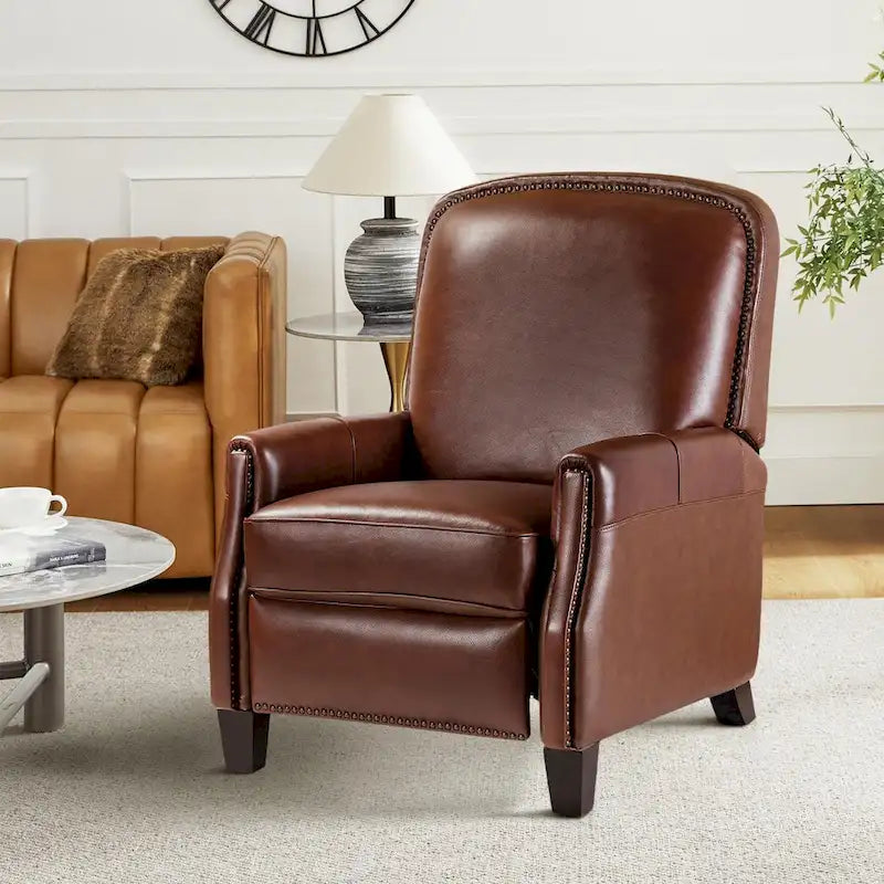 Retro Genuine Leather Manual Pushback Recliner Chair with Nailhead Trim