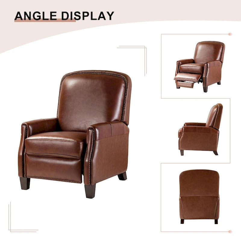 Retro Genuine Leather Manual Pushback Recliner Chair with Nailhead Trim