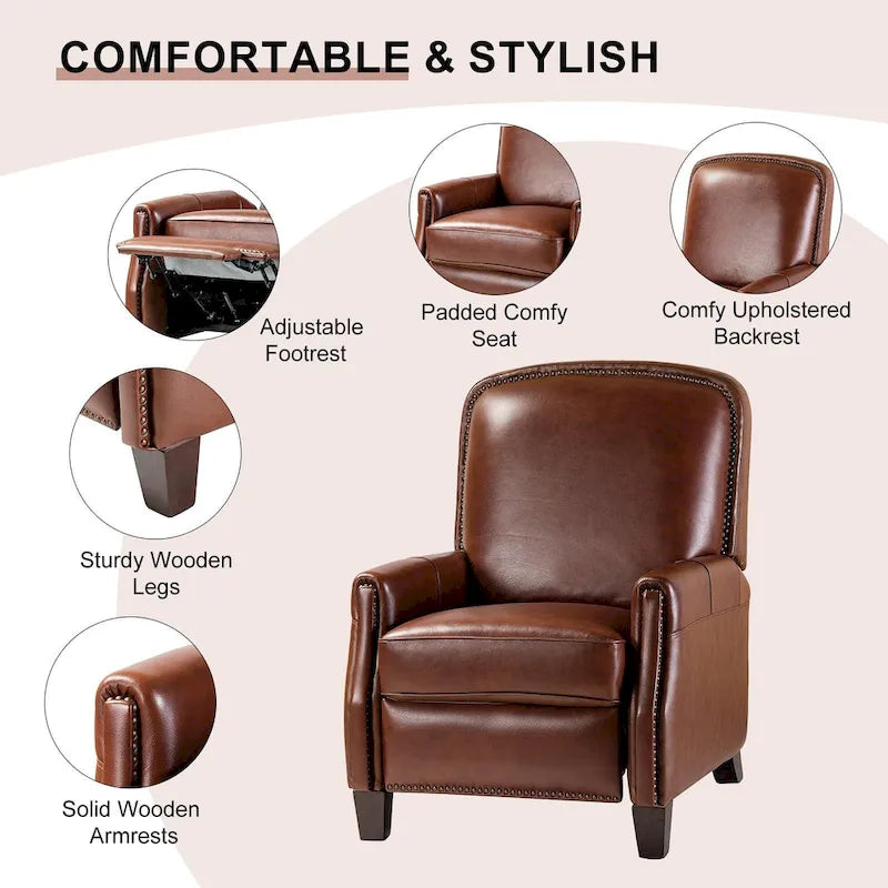 Retro Genuine Leather Manual Pushback Recliner Chair with Nailhead Trim