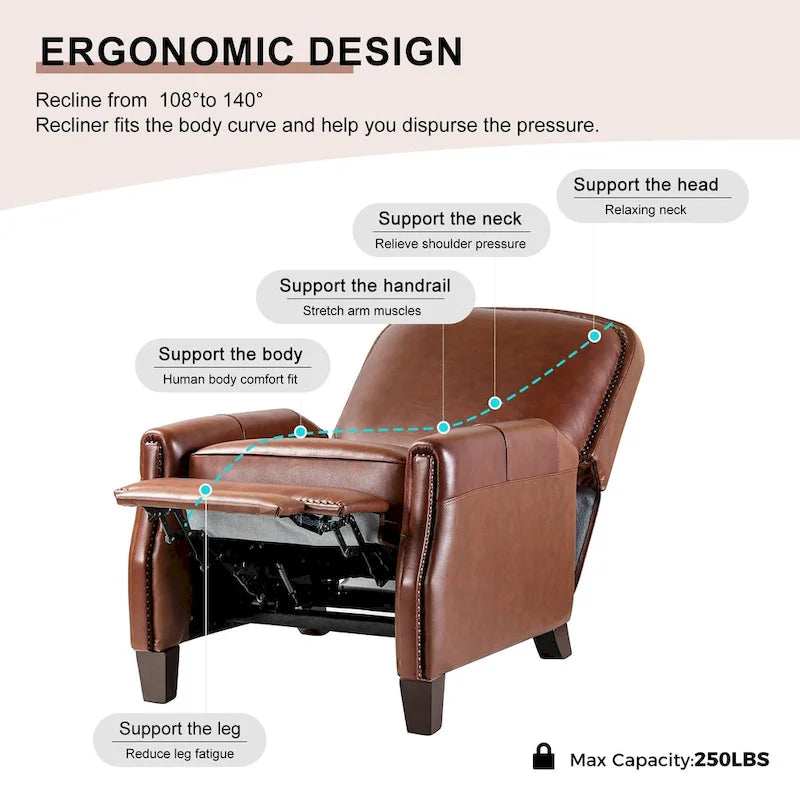 Retro Genuine Leather Manual Pushback Recliner Chair with Nailhead Trim