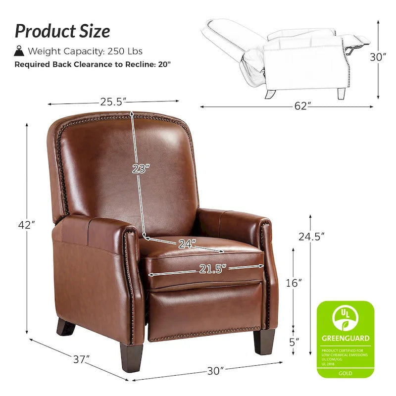 Retro Genuine Leather Manual Pushback Recliner Chair with Nailhead Trim