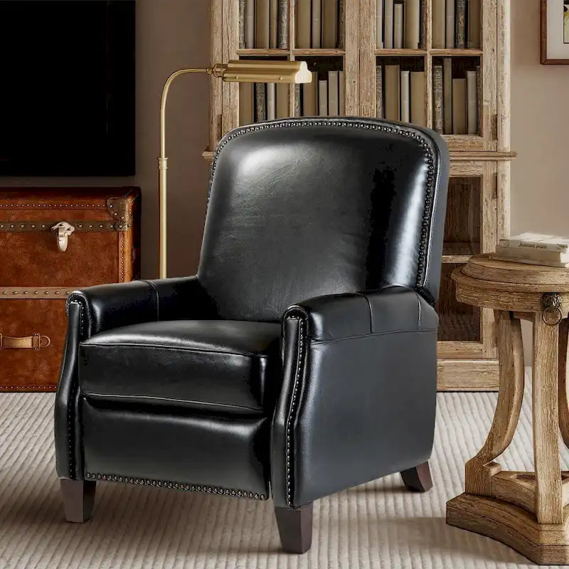 Retro Genuine Leather Manual Pushback Recliner Chair with Nailhead Trim