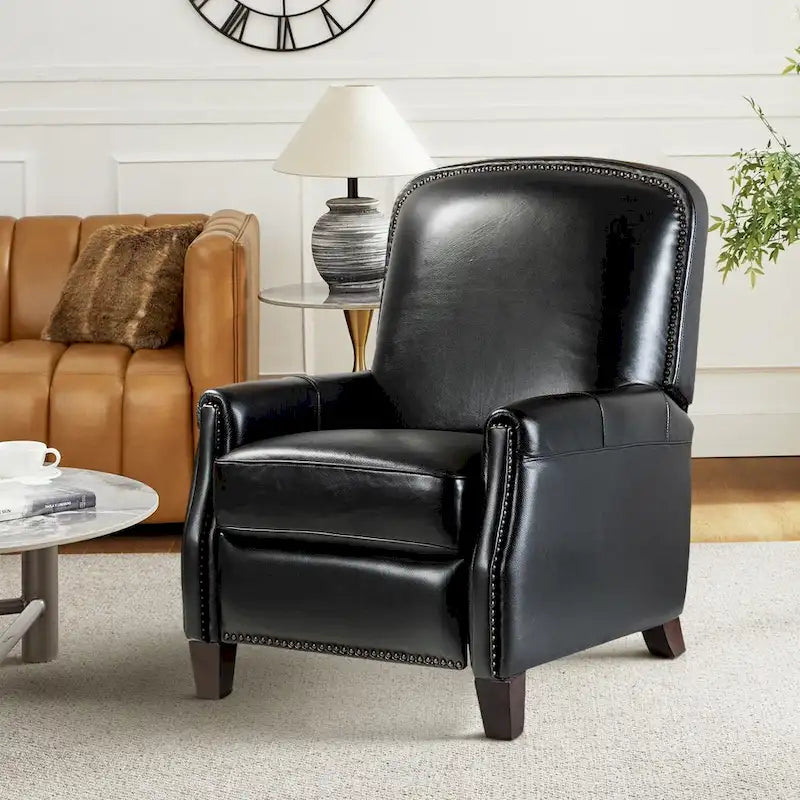 Retro Genuine Leather Manual Pushback Recliner Chair with Nailhead Trim