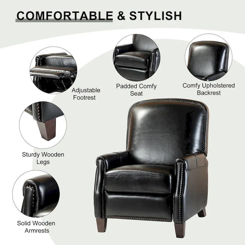 Retro Genuine Leather Manual Pushback Recliner Chair with Nailhead Trim
