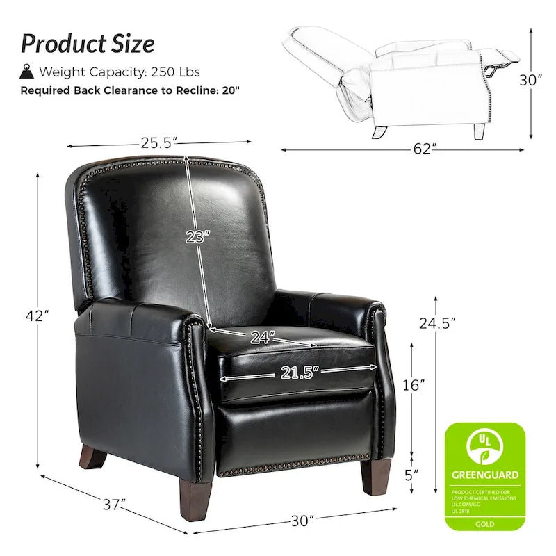 Retro Genuine Leather Manual Pushback Recliner Chair with Nailhead Trim