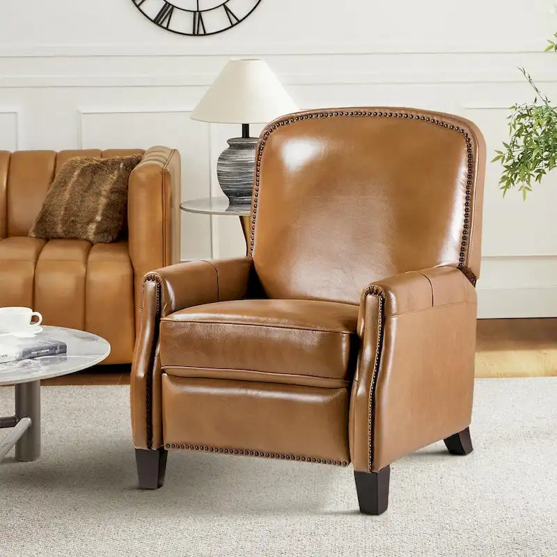 Retro Genuine Leather Manual Pushback Recliner Chair with Nailhead Trim