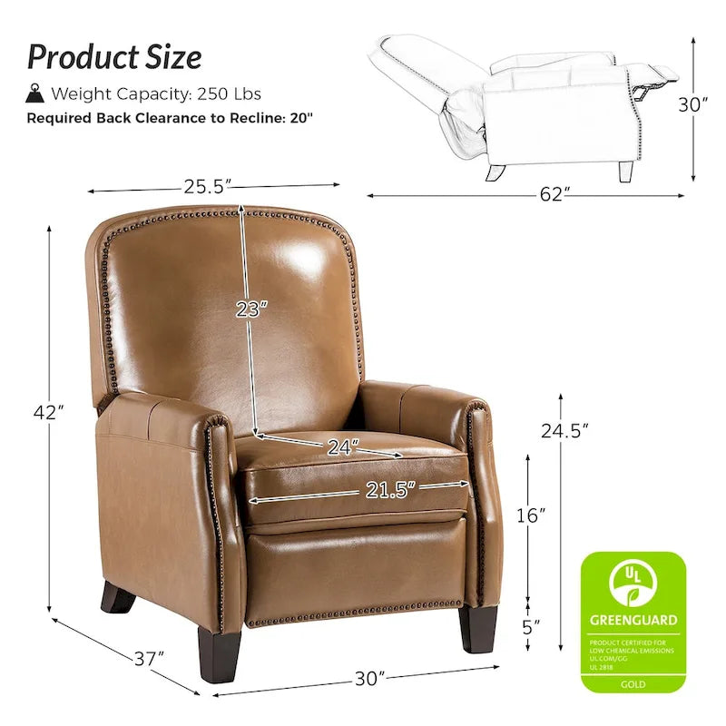 Retro Genuine Leather Manual Pushback Recliner Chair with Nailhead Trim