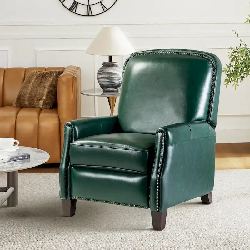 Retro Genuine Leather Manual Pushback Recliner Chair with Nailhead Trim