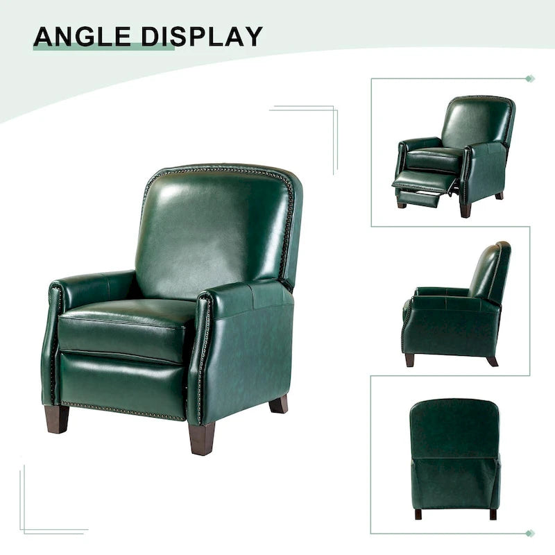 Retro Genuine Leather Manual Pushback Recliner Chair with Nailhead Trim