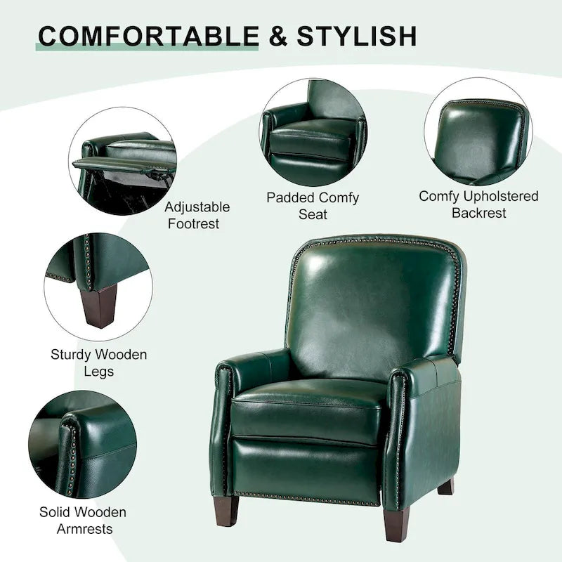 Retro Genuine Leather Manual Pushback Recliner Chair with Nailhead Trim