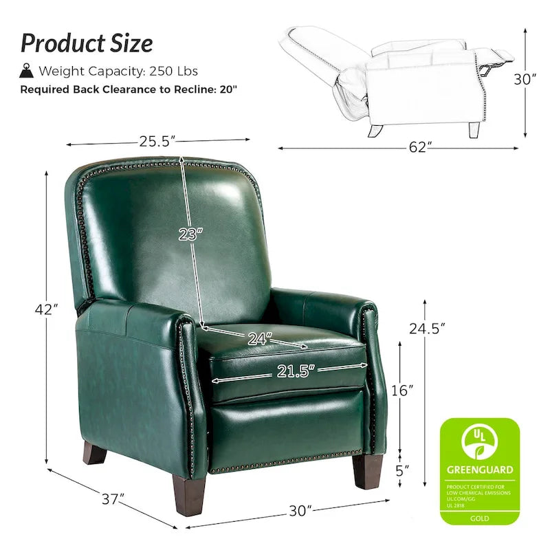 Retro Genuine Leather Manual Pushback Recliner Chair with Nailhead Trim