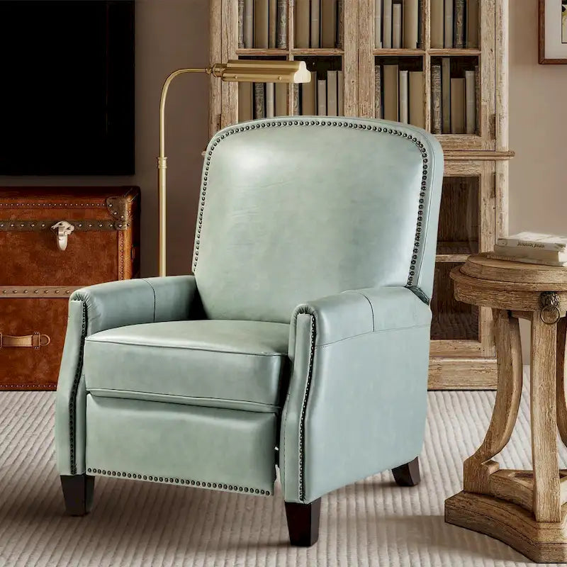 Retro Genuine Leather Manual Pushback Recliner Chair with Nailhead Trim