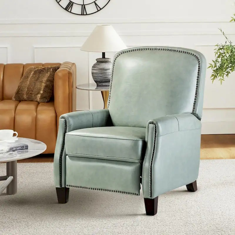 Retro Genuine Leather Manual Pushback Recliner Chair with Nailhead Trim