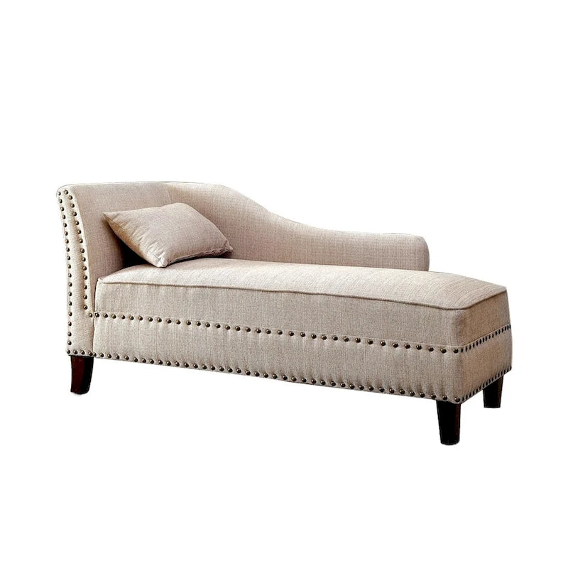 Upholstered Linen Chaise Lounge with Nailhead Trim Beige Grey