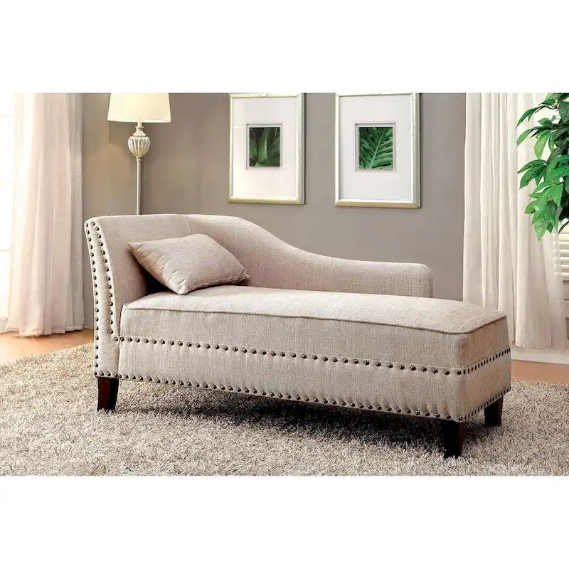 Upholstered Linen Chaise Lounge with Nailhead Trim Beige Grey