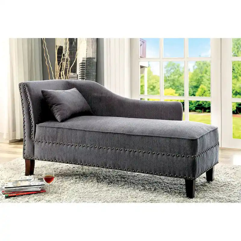 Upholstered Linen Chaise Lounge with Nailhead Trim Beige Grey