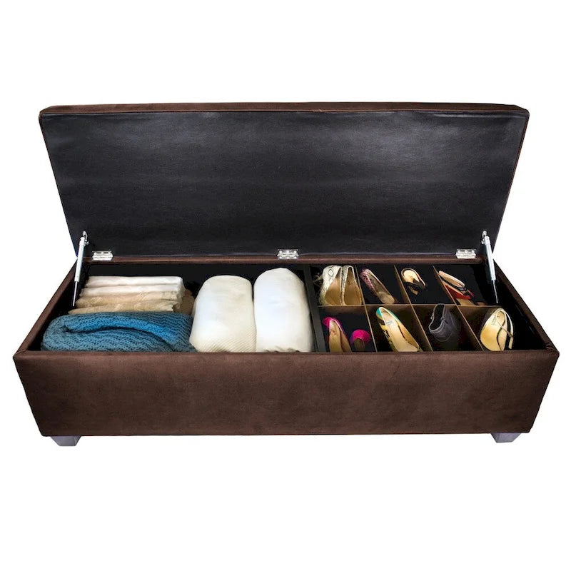 Lift Top Storage Bench Dual Compartment Shoe and Linen Organizer Brown