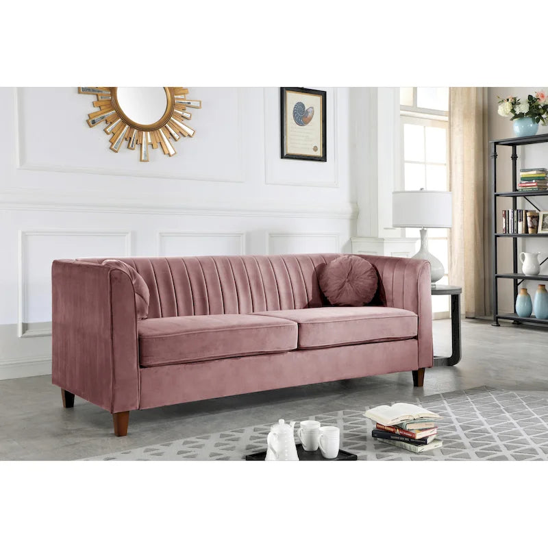 Channel Tufted Velvet Sofa with Rolled Arms and Wooden Legs Rose Black Beige