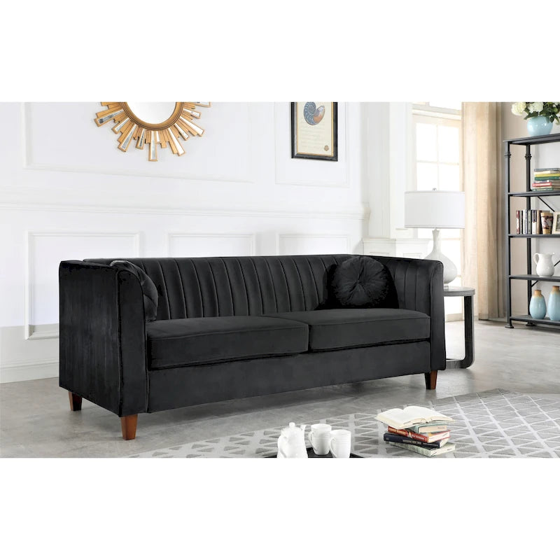 Channel Tufted Velvet Sofa with Rolled Arms and Wooden Legs Rose Black Beige