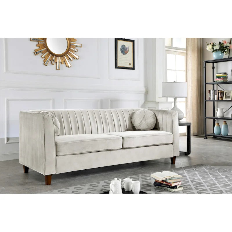 Channel Tufted Velvet Sofa with Rolled Arms and Wooden Legs Rose Black Beige