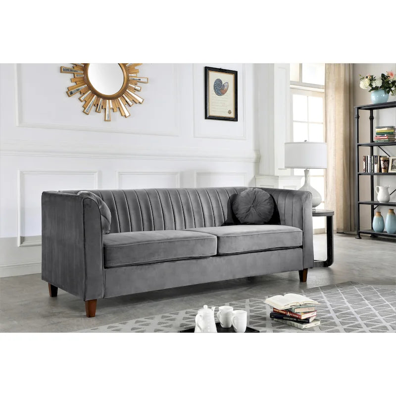 Channel Tufted Velvet Sofa with Rolled Arms and Wooden Legs Rose Black Beige