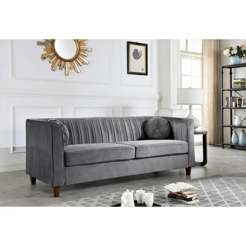 Channel Tufted Velvet Sofa with Rolled Arms and Wooden Legs Rose Black Beige