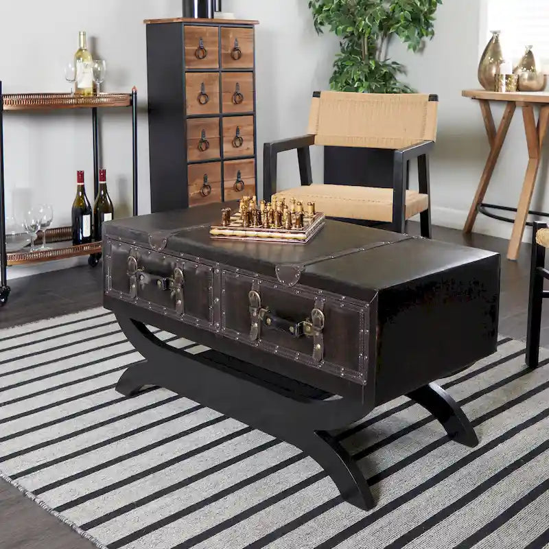 Dark Brown Faux Leather Vintage Trunk Coffee Table with 2 Drawers Curved Legs