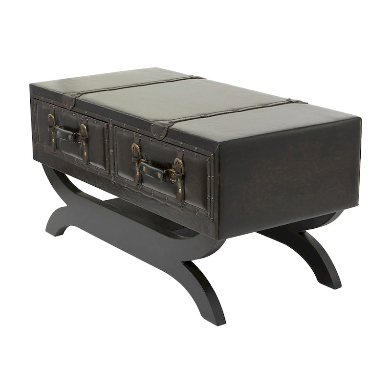 Dark Brown Faux Leather Vintage Trunk Coffee Table with 2 Drawers Curved Legs