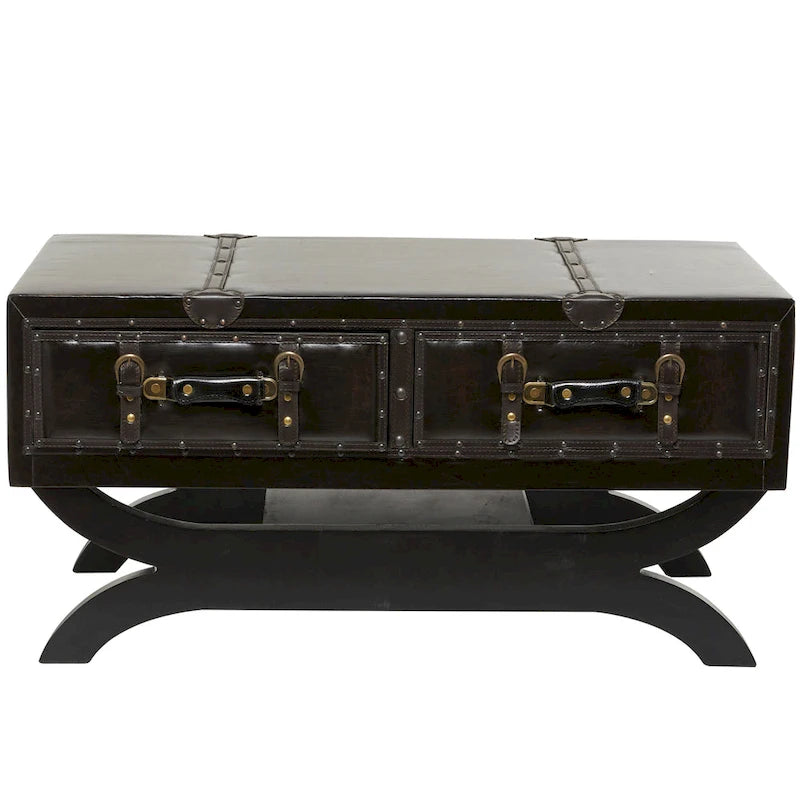 Dark Brown Faux Leather Vintage Trunk Coffee Table with 2 Drawers Curved Legs
