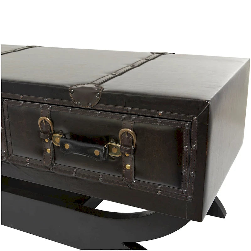 Dark Brown Faux Leather Vintage Trunk Coffee Table with 2 Drawers Curved Legs