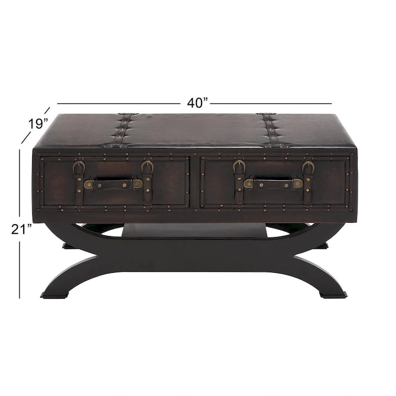 Dark Brown Faux Leather Vintage Trunk Coffee Table with 2 Drawers Curved Legs
