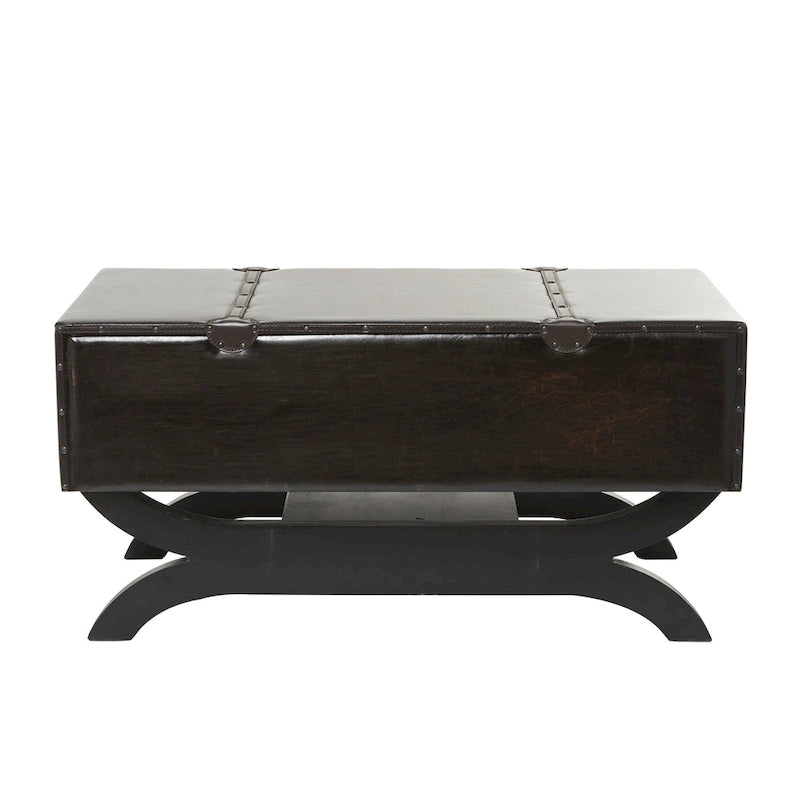Dark Brown Faux Leather Vintage Trunk Coffee Table with 2 Drawers Curved Legs