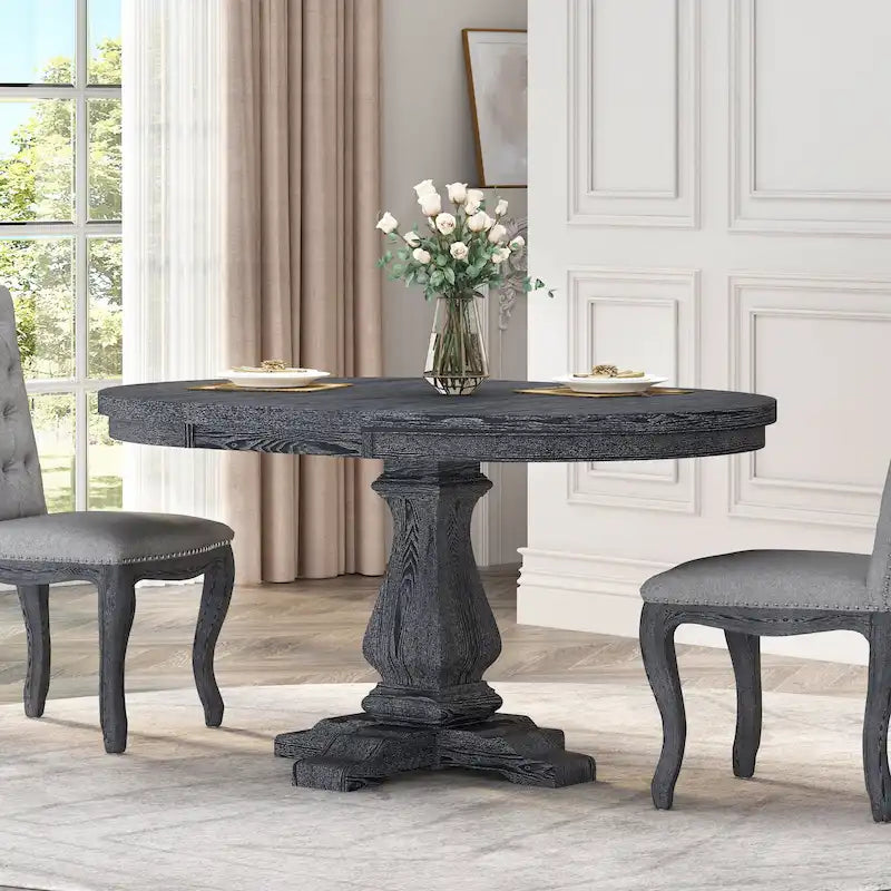 Expandable Round Rustic Wood Dining Table with Pedestal Base Grey