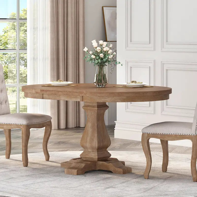 Expandable Round Rustic Wood Dining Table with Pedestal Base Grey